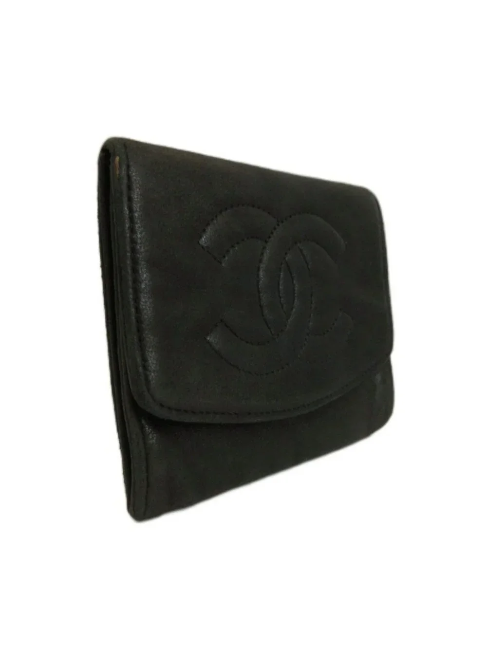 Chanel Vintage Coin Purse Bifold Leather CC Logo Stitch Black